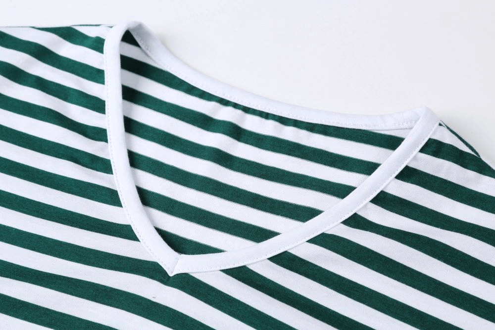 Close-up of a stylish V-neck striped short sleeves tee shirt for men in green and white. Perfect for sports and casual wear. SF1066